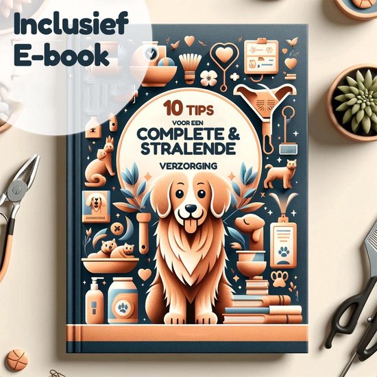 E-book '10 tips voor een complete & stralende verzorging' met een illustratie van een hond en kat.