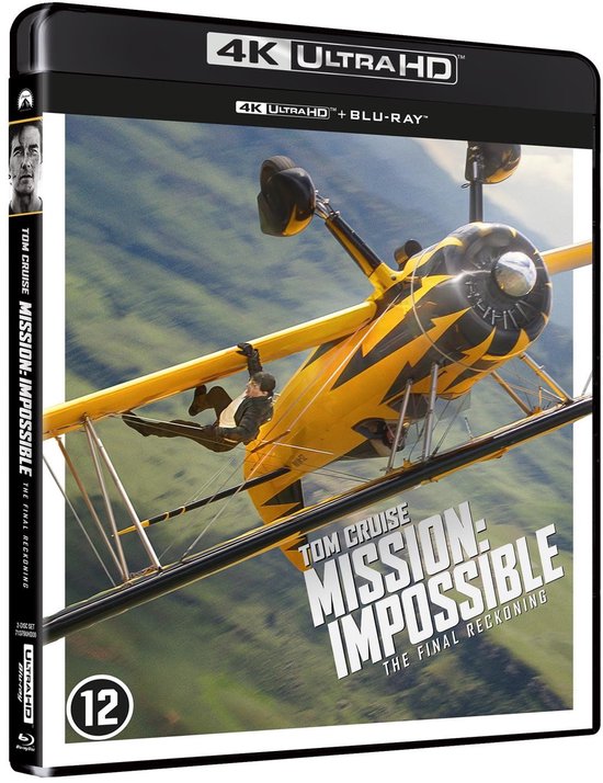 4K Ultra HD Blu-ray "Mission: Impossible - The Final Reckoning" met Tom Cruise aan een gele en zwarte biplane.