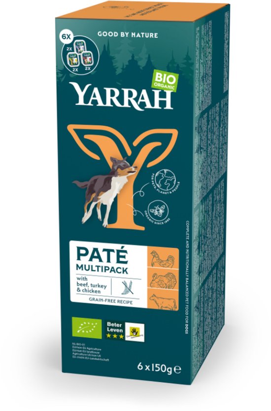 Yarrah Bio Hondenvoer Multipack Paté Graanvrij Kip - Kalkoen - Rund 6 x 150 gr NL-BIO-01