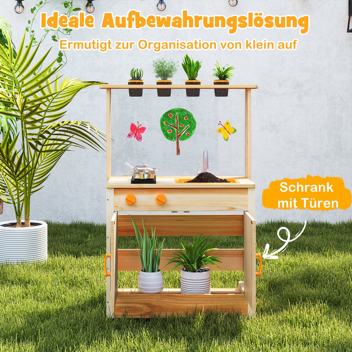 COSTWAY Modderkeuken voor kinderen, outdoor, kinderkeuken, hout met plantenpotten en kookaccessoires, speelkeuken met kraan, gootsteen en borden, outdoor keuken voor kinderen vanaf 3 jaar — afbeelding 5
