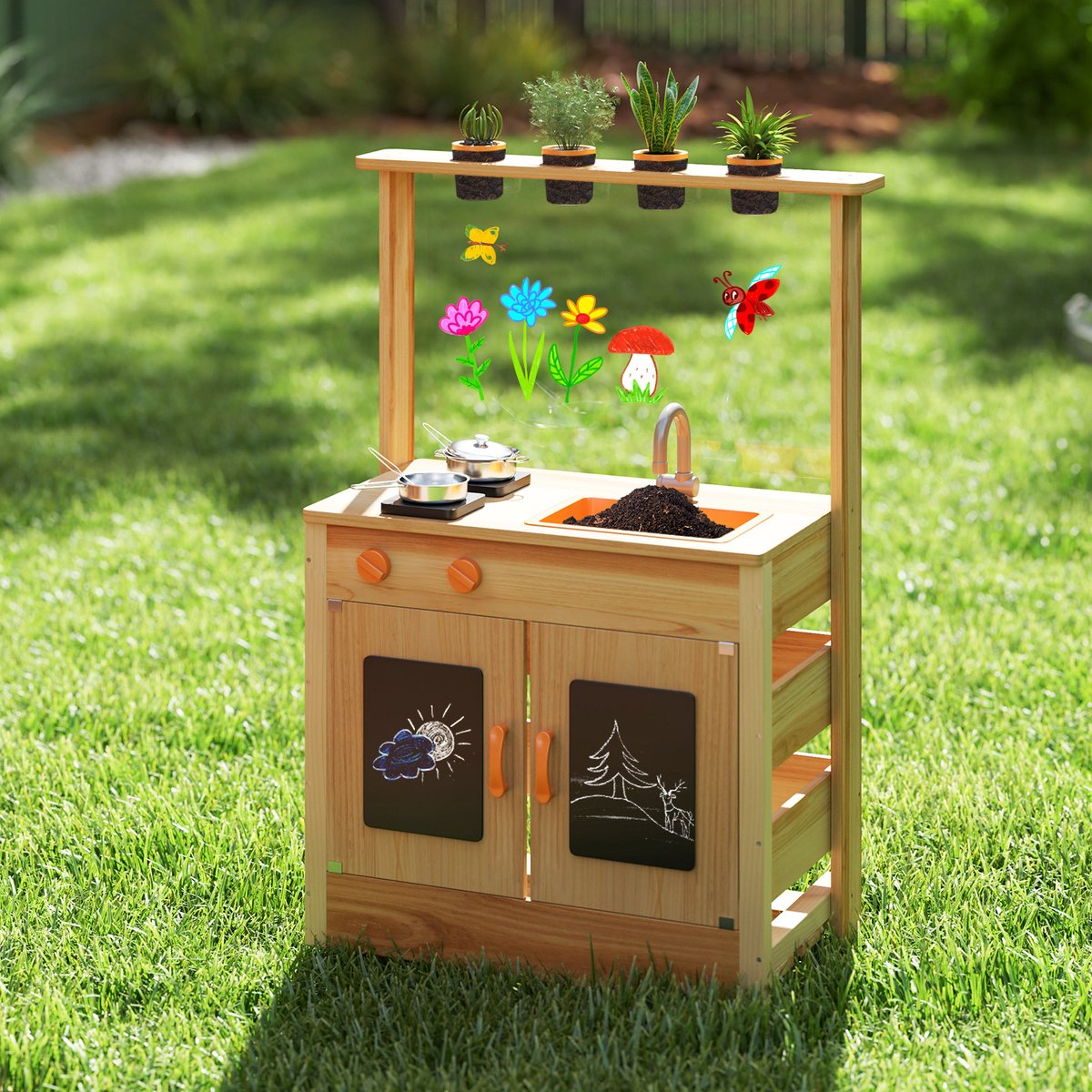 COSTWAY Modderkeuken voor kinderen, outdoor, kinderkeuken, hout met plantenpotten en kookaccessoires, speelkeuken met kraan, gootsteen en borden, outdoor keuken voor kinderen vanaf 3 jaar — afbeelding 8