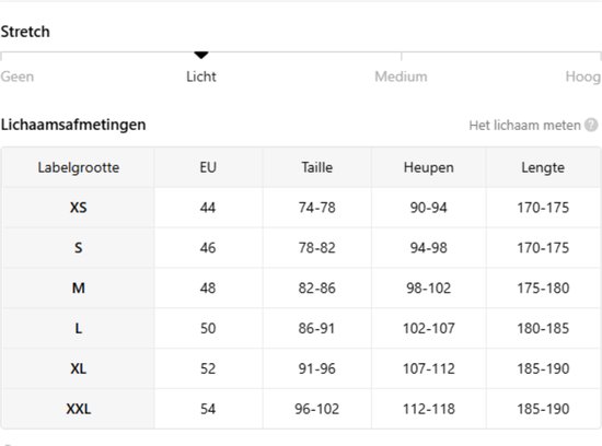 Maattabel met EU-maten, taille, heupen en lengte voor maten XS tot XXL.