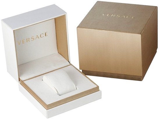 Open Versace horlogedoos in crème met gouden rand.
