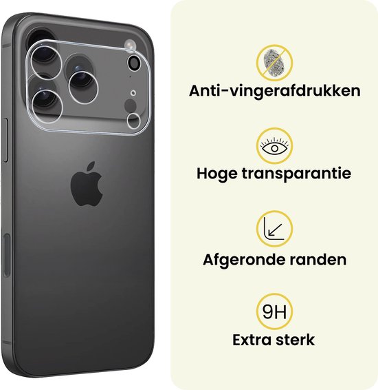 Anti-vingerafdrukken, hoge transparantie, afgeronde randen, extra sterk (9H). Cameralens protector op donkergrijze iPhone.
