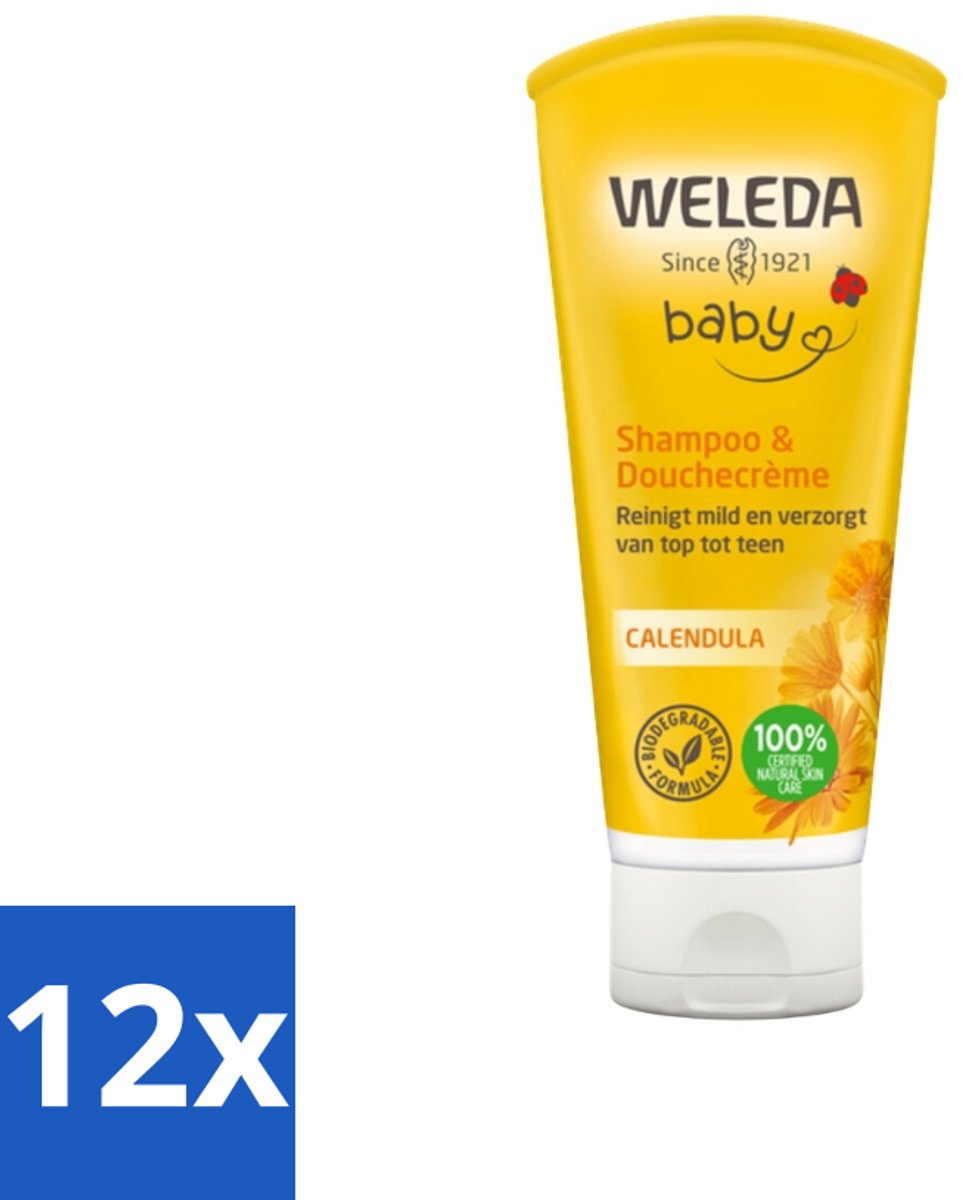 Image of 12 x WELEDA - 2-in-1 Shampoo & Douchecrème - Baby & Kind - Calendula - Voor gevoelige huid - 200 ml - Baby Shampoo - Baby Douchecrème - Biologische Babyproducten - Calendula Baby - Zachte Babyverzorging
