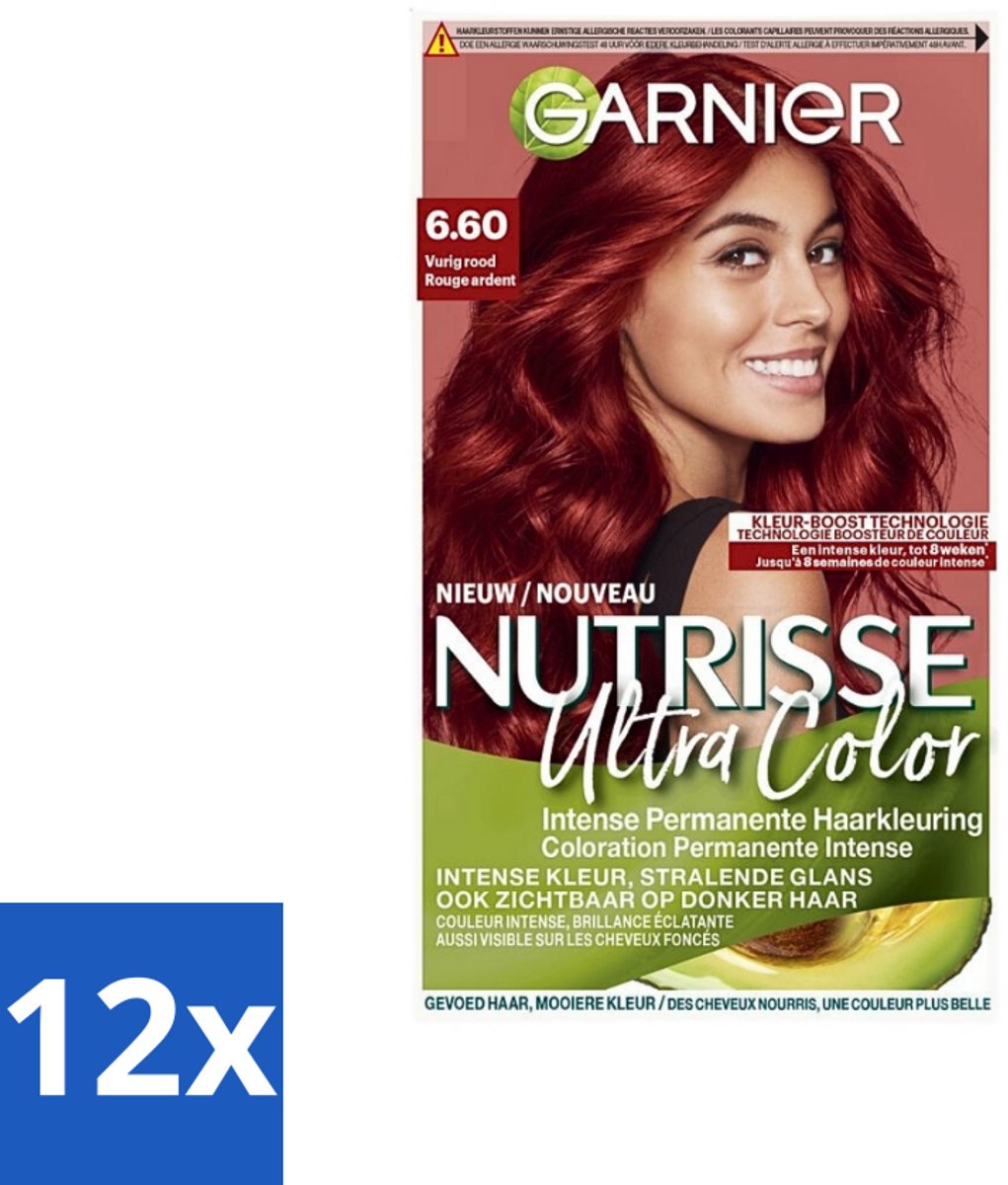 12 x Garnier - Nutrisse Ultra Color 6.60 - Haarkleuring - Vurig Rood - Voedend - Permanente Kleur - Haarverf - Permanente Haarkleuring - Nutrisse Ultra Crème - Grijsdekking - Voedende Haarkleuring