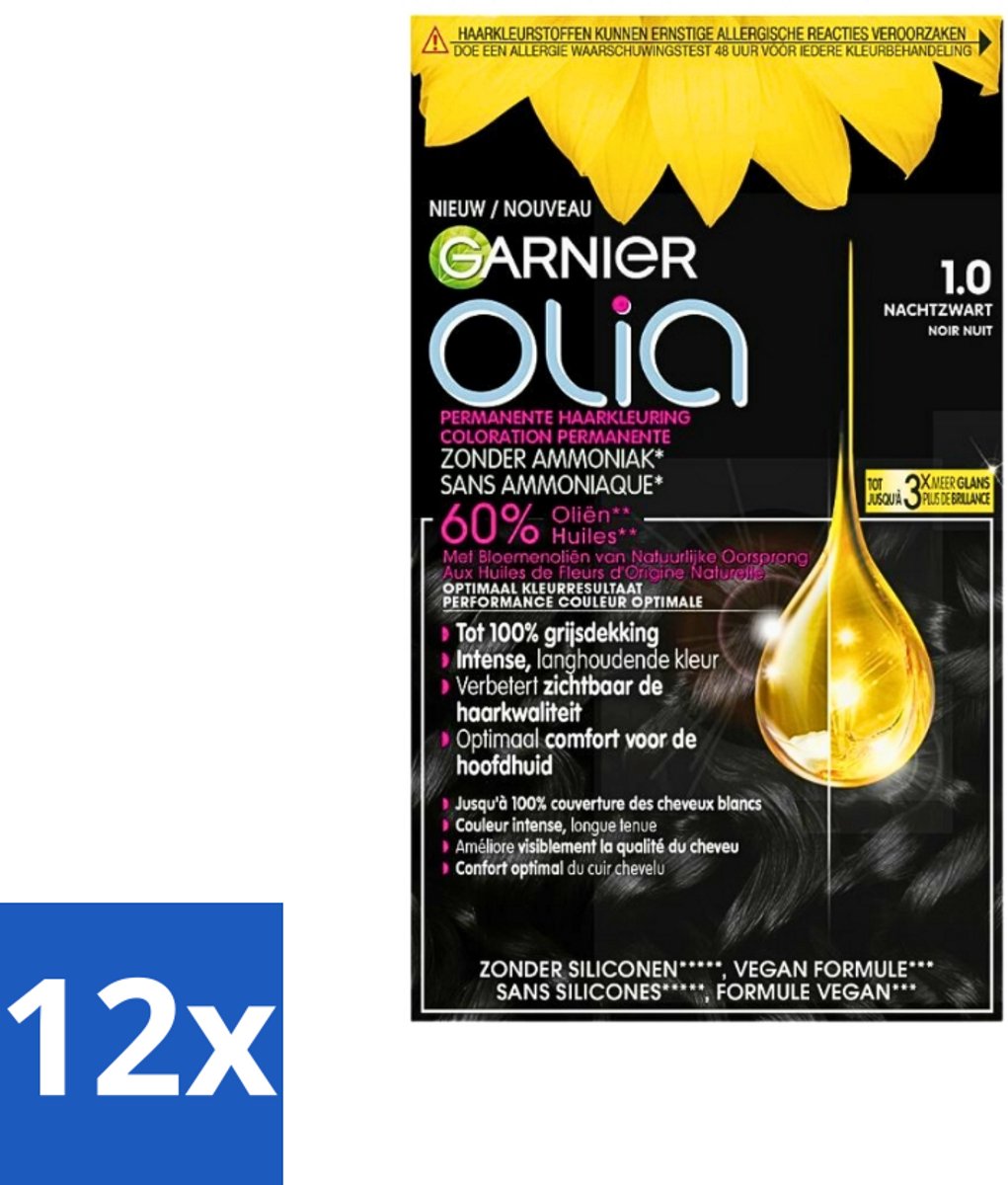 12 x Garnier - Olia 1 - Haarkleuring - Zwart - Zonder Ammoniak - Intense Langhoudende Kleur - 100% Grijsdekking - Permanente Haarkleuring - Haarkleur Zonder Ammoniak - Zwarte Haarkleur - Grijsdekkende Haarkleuring - Haarkleuring Met Oliën