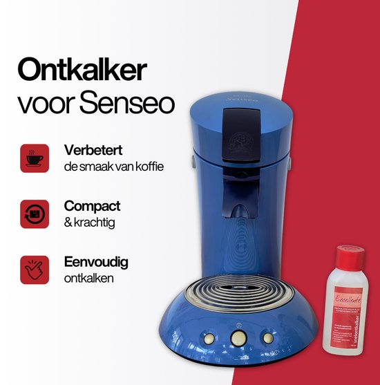 Blauwe Senseo koffiepadmachine met flesje ontkalker. Teksten: 'Ontkalker voor Senseo', 'Verbetert de smaak van koffie', 'Compact & krachtig', 'Eenvoudig ontkalken'.