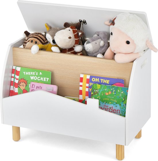 Open witte speelgoedkist met houten binnenkant, gevuld met knuffels en boeken. Wit met houten poten.