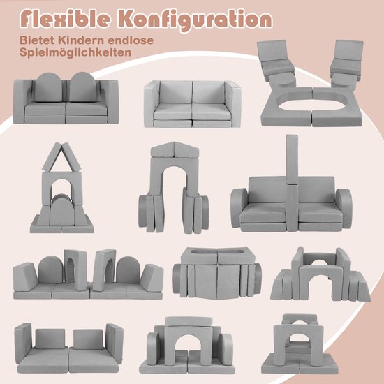 COSTWAY Kinderbank, 8-delig, speelbank van schuimrubber, bouwstenen met comfortabele suède, modulaire speelbank voor kinderen om te spelen, grijs van COSTWAY — afbeelding 5