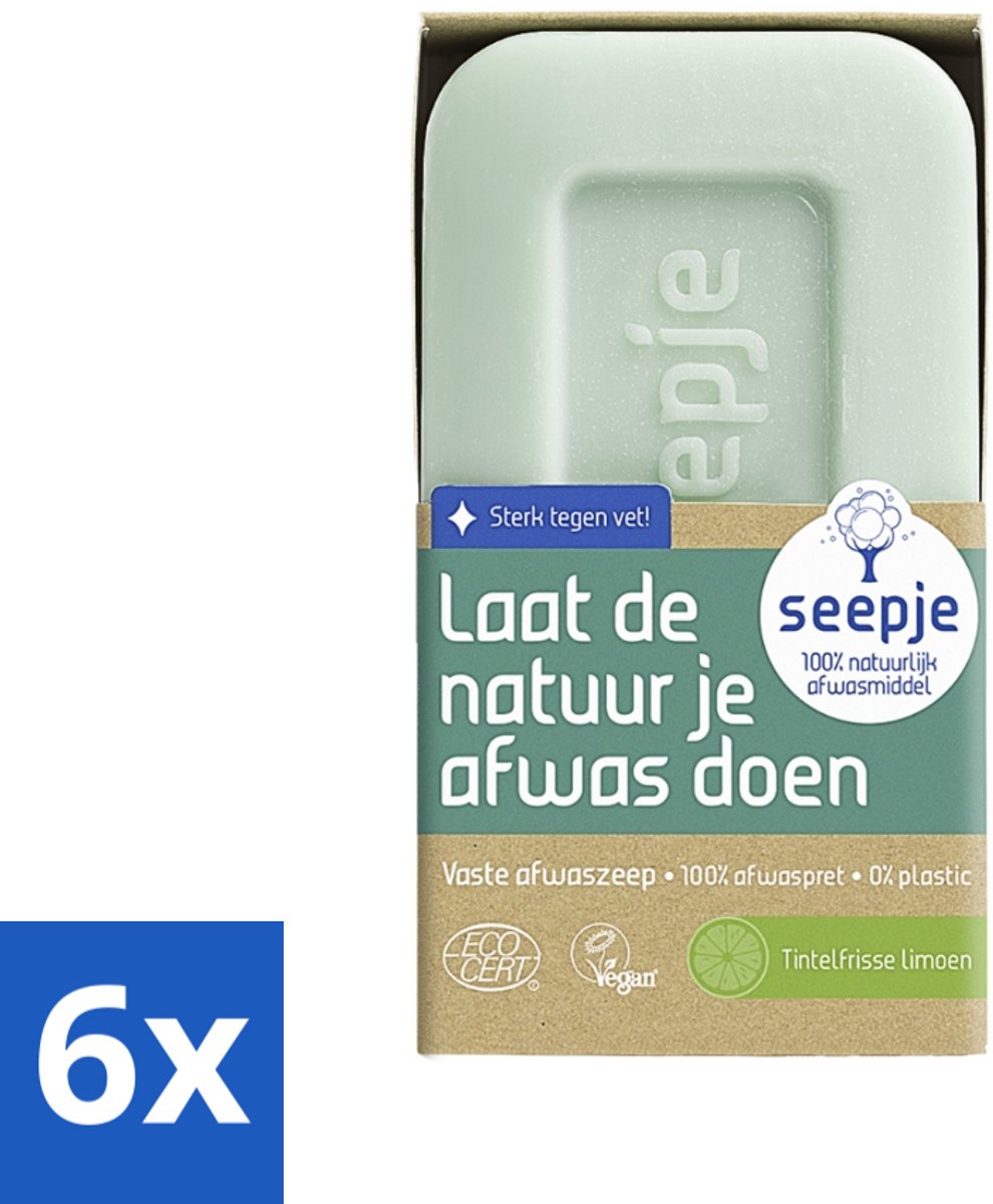 6 x Seepje - Afwaszeep - Handgemaakt & Biologisch - Tintelfrisse Limoen Geur - 120 gr - Afwaszeep - Biologische Afwaszeep - Handgemaakte Zeep - Limoen Geur - Plasticvrije Afwaszeep