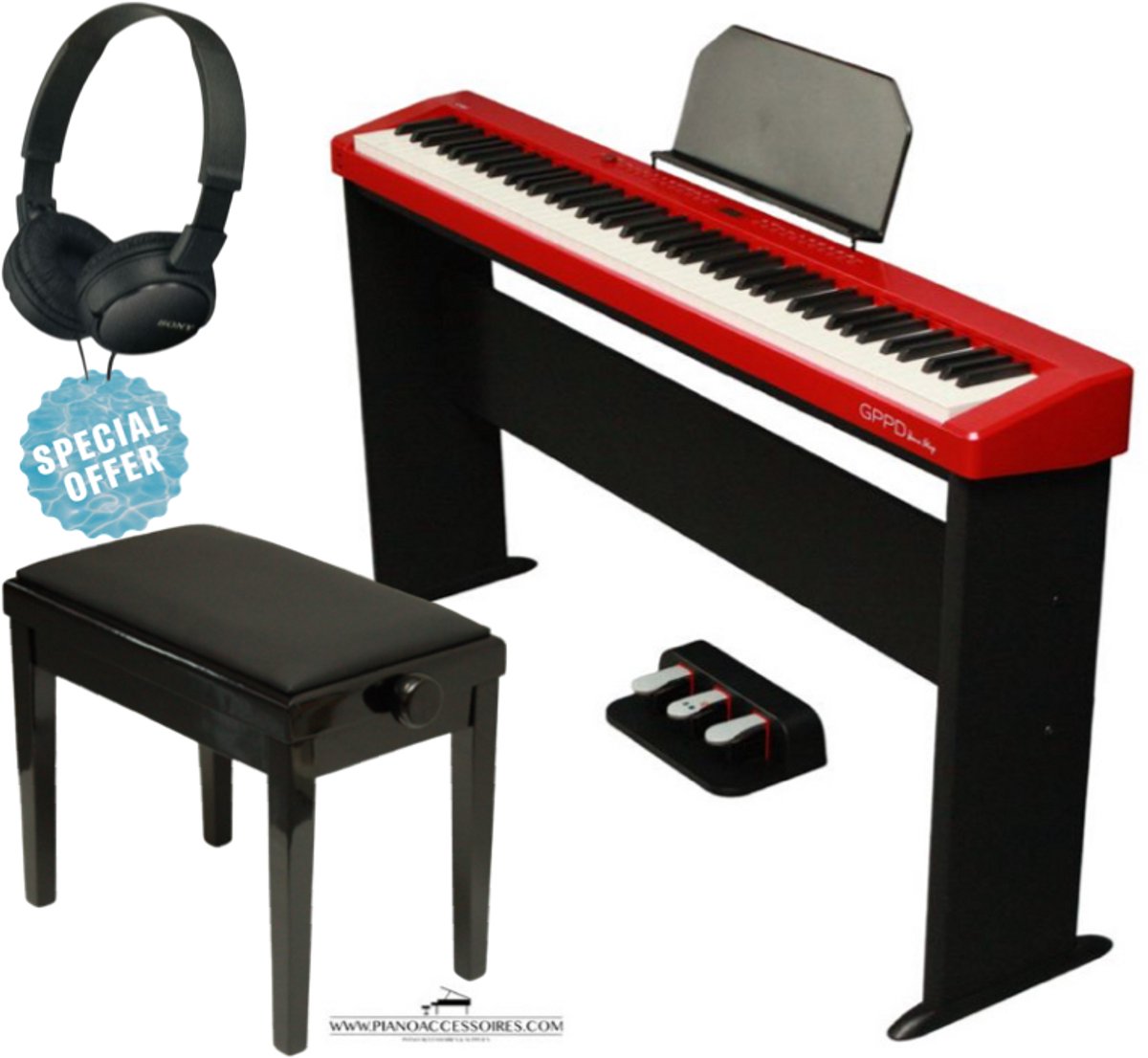 Digitale piano package GPPD Home Stage C8 –Rood met hoofdtelefoon en verstelbare bank