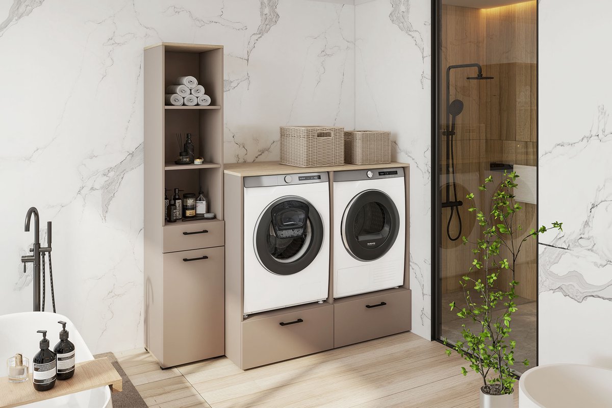 ROSA - Wasmachine droger ombouw en kast met wasmand- 132 cm - Beige
