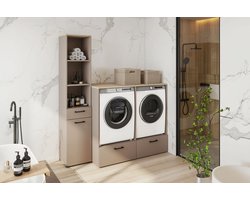 Trendmeubel - Wasmachine droger ombouw en kast met wasmand- 132 cm - Beige