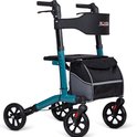 Een turquoise Rovera Mobility rollator met een zwarte tas, zitting en rugsteun.