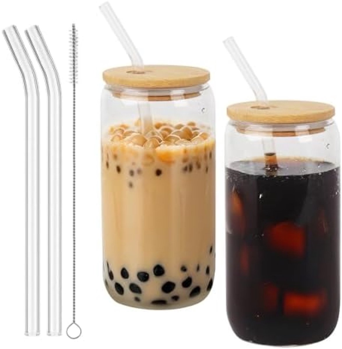 PromoHome Set van 2 glazen drinkbekers met rietjes - 500ml capaciteit