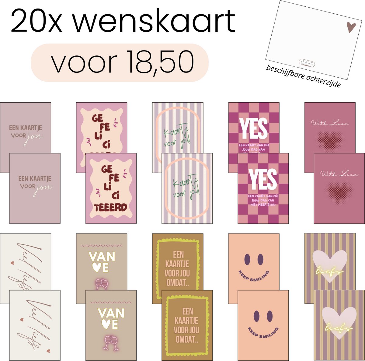 Hoya living - kaarten set - 20 stuks - Set-nr. 2 - 14.8 x 10,5 cm - achterzijde beschrijfbaar - wenskaarten - kaartjes