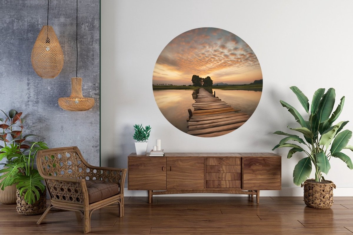 Trendex Global Rond Schilderij - Muurcirkel Print Op Dibond - Zonsopkomst aan de Steiger - Landschappen - 50 cm Bruin
