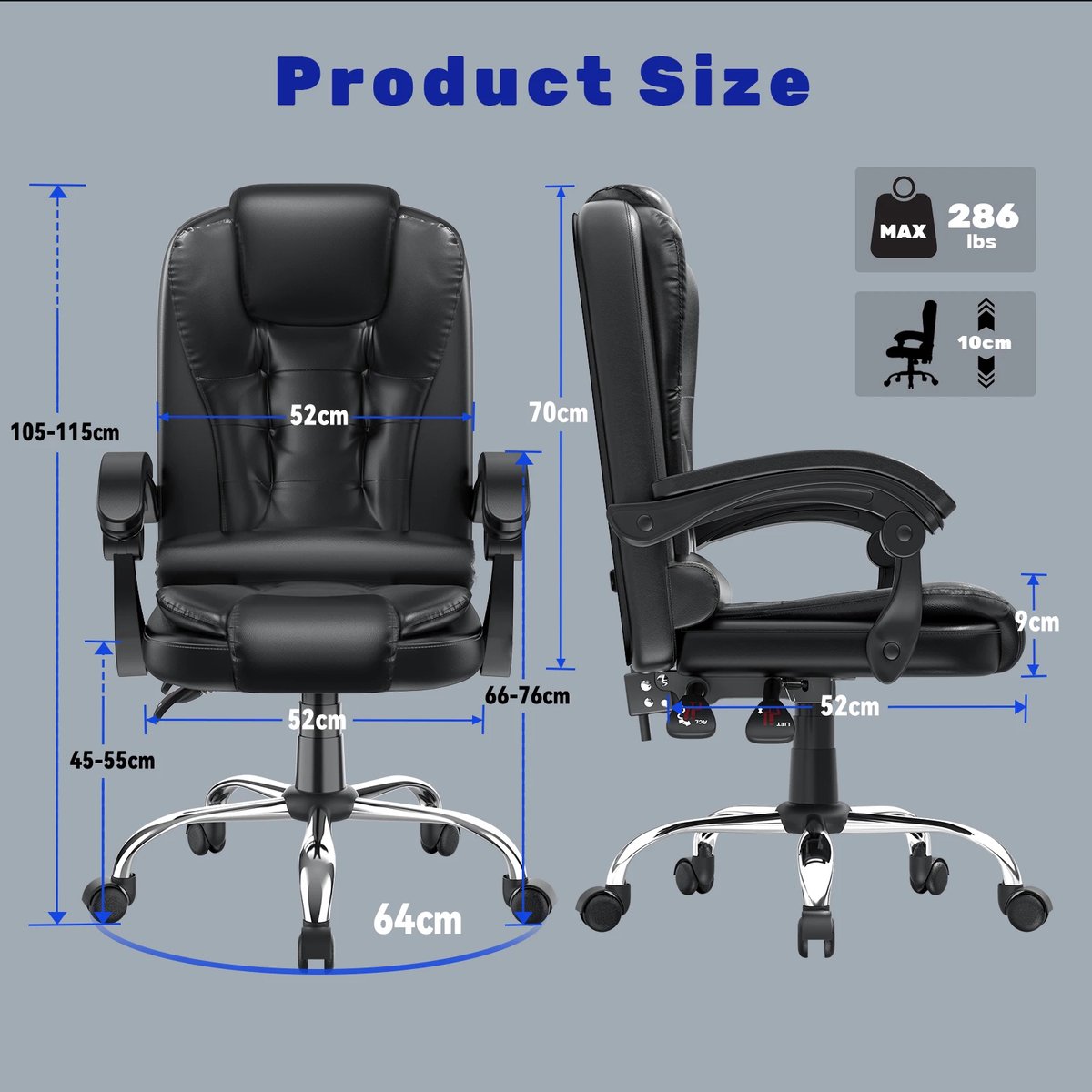 Ergonomsiche bureaustoel - In hoogte verstelbaar draaistoel - Zwart thumbnail 5