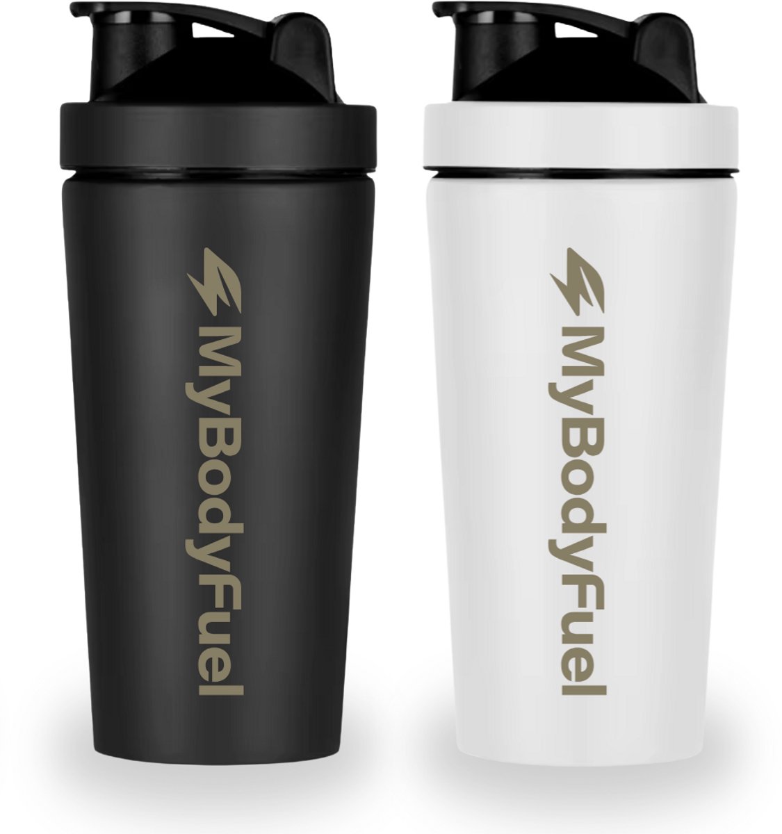 MyBodyFuel - RVS Shakebeker - 750 ml - met mixballetje & Mixfilter - Zwart en Wit - Set van 2 - Shaker - BPA-vrij