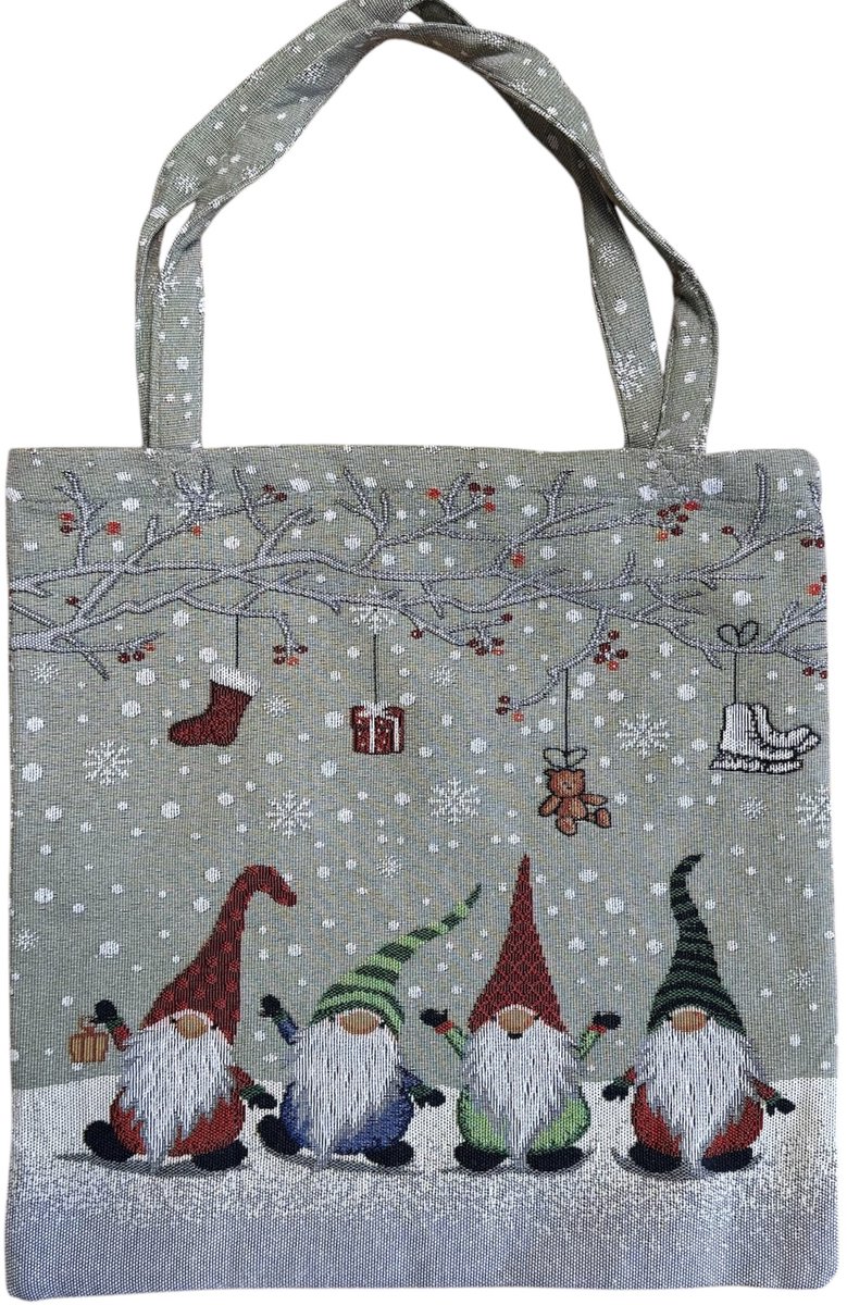 Boodschappentas -Kerst - 4 Wichtels met cadeau slinger - 45 x 45 cm