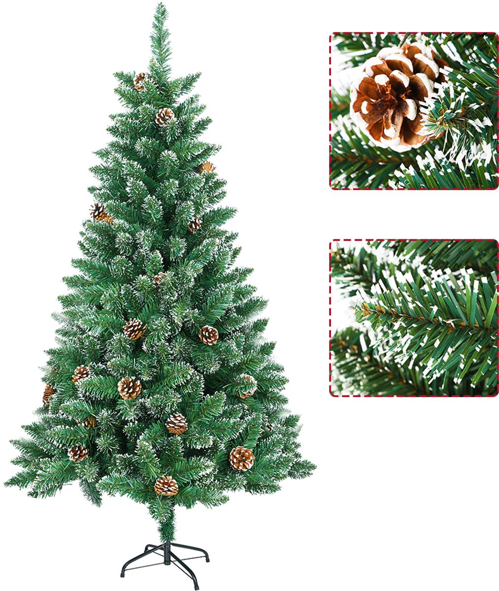 180CM Kunstkerstboom, Dennenboom, Kunstboom Wit & Groen met Sneeuweffect + Dennenappels, PVC Kerstboom inclusief Standaard – foto 4