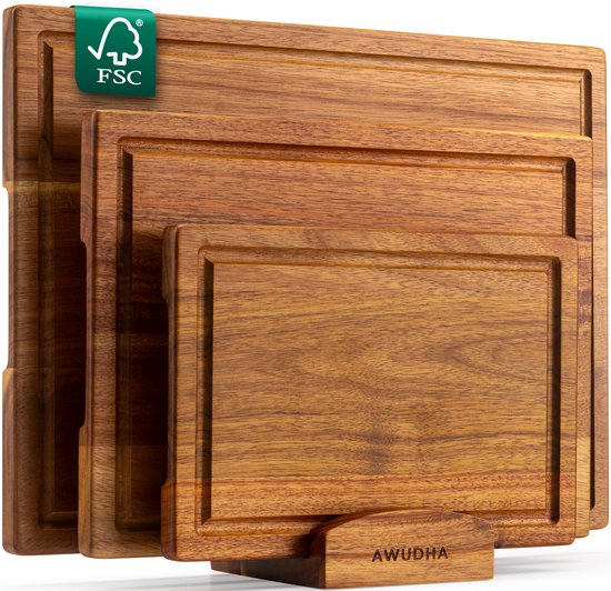 Awudha - 3-Delige Snijplankenset met Houder van Acacia Hout - Varnish Finish - Met Sapgeul, Anti-Slip Handvaten - Ideaal als Borrelplank, Hakblok en Snijplank voor de Keuken