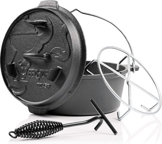 TAINO Gietijzeren pot met pannendeksel, 6 liter, Dutch-Oven, multifunctionele kookpot van gietijzer, fornuis, oven, kampvuur, grill