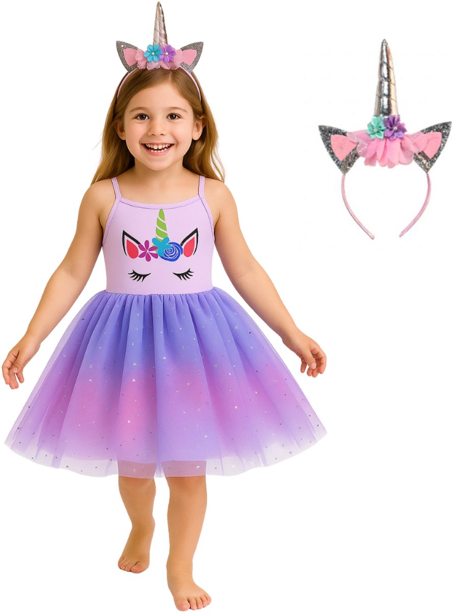Joya Kids® Paarse Eenhoorn Zomer Verkleed Jurk | Unicorn Jurk kostuum | Prinsessen jurk verkleedjurk + Haarband | Jurk spaghettibandjes | Maat 120 | cadeau meisje