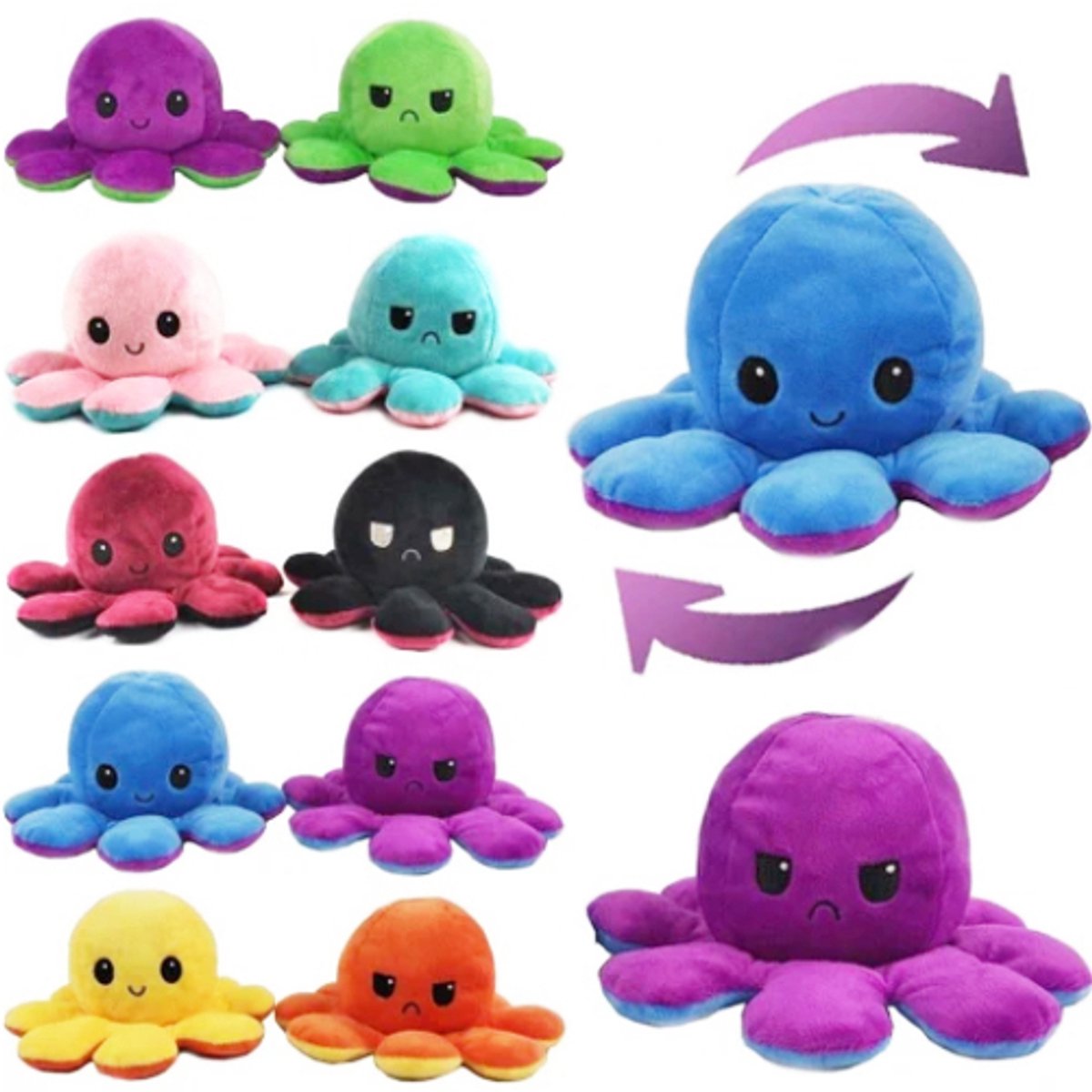 Octopus Mood Omkeerbaar Emotie Pluche Knuffel 15 cm (2 stuks Willekeurige Kleur) - Inktvis Verwisselbaar Omdraaien - TikTok Plush Toy - Speelgoed Knuffels voor Kinderen Jongens Meisjes - Boos Blij Knuffel