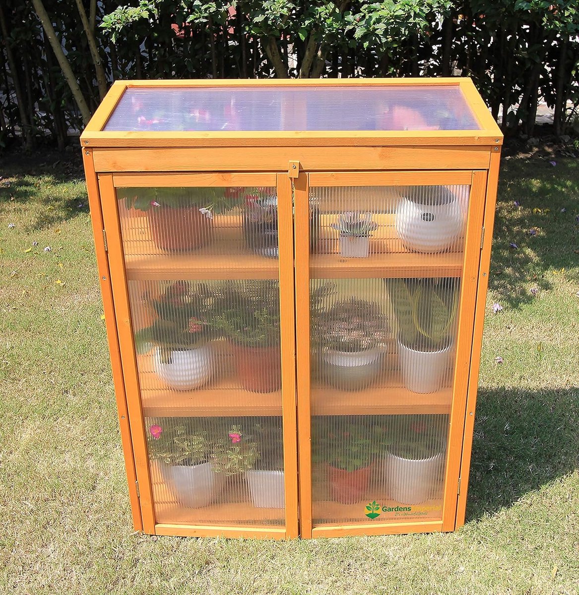 LotaHome - Broeikas - Kweekkast - Tuinkas - Kweekbak - Plantenbed - Kweekhuis met Deur - Mini Kweekkast - Stabiel en Duurzaam - Voor elke Tuin - Met 3 Legplanken - Planten Kweken - Hout - Bruin - 82x34x107cm – foto 4
