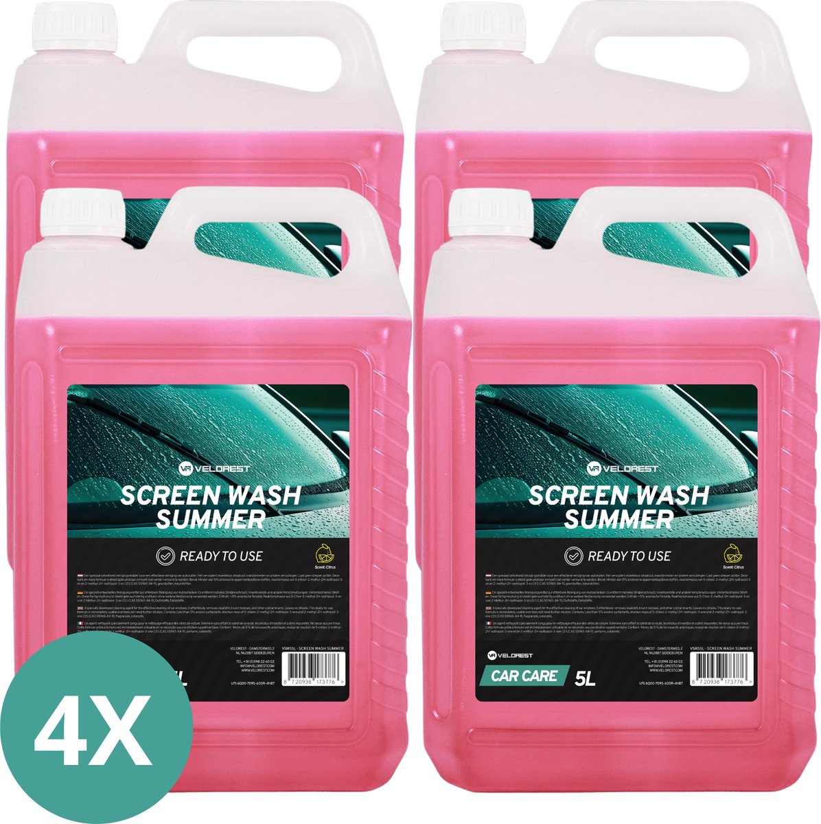 Velorest Ruitenwisservloeistof Zomer 5L (4-pack) - Ruitensproeiervloeistof - Ruitenwisservloeistoffen - Ruitenvloeistof Auto - Ruitenwisservloeistof Concentraat - Screenwash