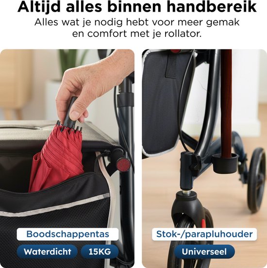 Een rode paraplu in de boodschappentas van een zwarte rollator, met tekst "Waterdicht 15KG". Rechts een stokhouder.