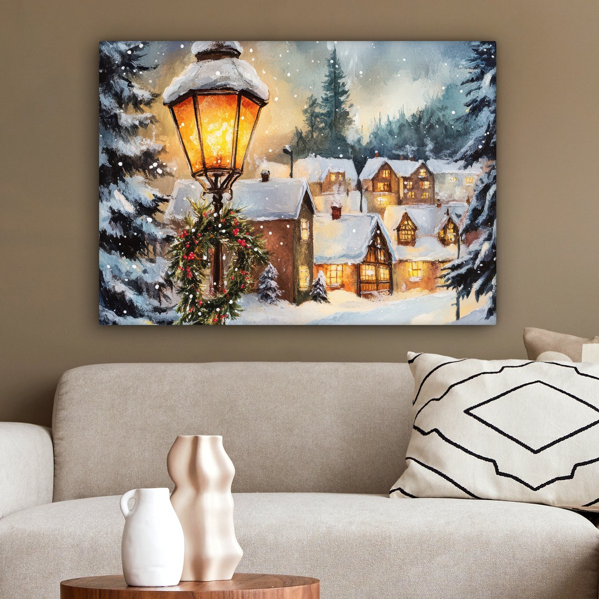 Canvas schilderij 80x60 cm - Wanddecoratie Kerstdorp - Huizen - Sneeuw - Kerst - Muurdecoratie woonkamer - Slaapkamer decoratie - Kamer accessoires - Schilderijen op canvas - Kerstdecoratie voor binnen - Kerstversiering - Kerstmis versiering – foto 6