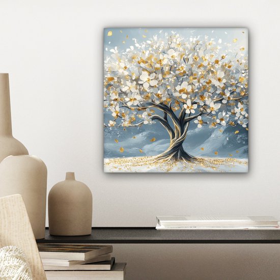 Peinture sur toile 20x20 cm - Décoration murale Arbre - Hiver - Arbre de vie - Moderne - Or - Décoration murale murale salon - Décoration chambre - Accessoires de chambre - Peintures