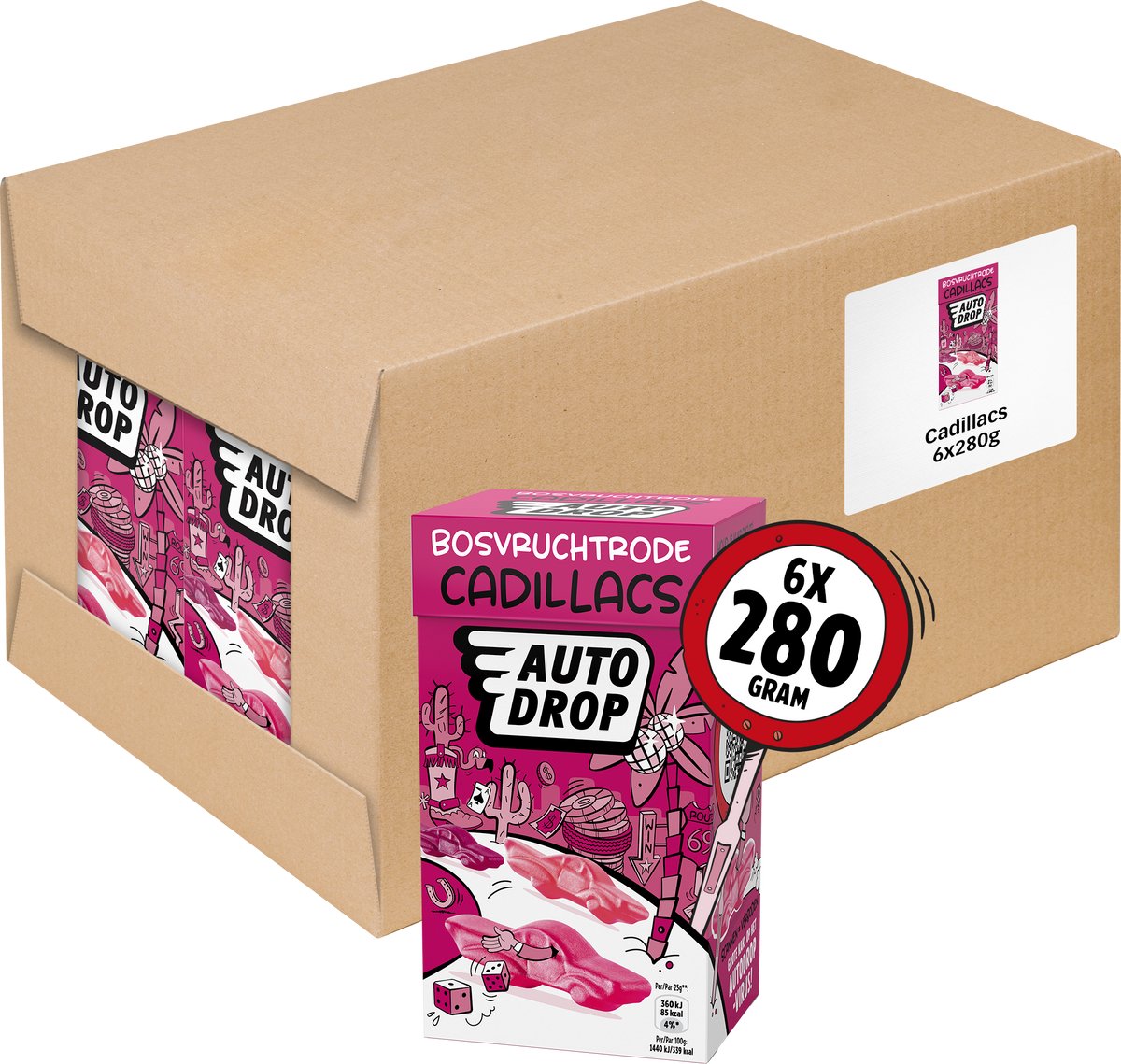 Autodrop - Snoep - Bosvruchtrode Cadillacs - 6 doosjes - 280 gram