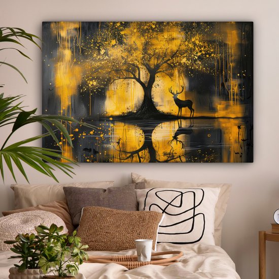 Peinture sur toile 150x100 cm - Décoration murale Arbre - Aspect peinture - Cerf - Nature - Or - Décoration murale murale salon - Décoration chambre - Accessoires de chambre - Peintures