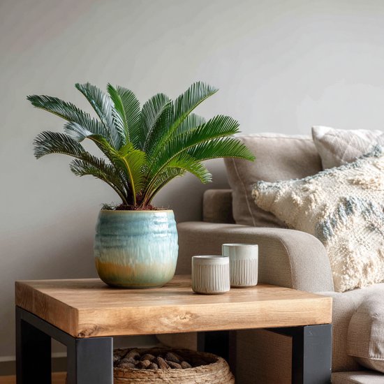 Cycas Revoluta met grote, groene bladeren in een geglazuurde blauwgroene pot op een houten bijzettafel.