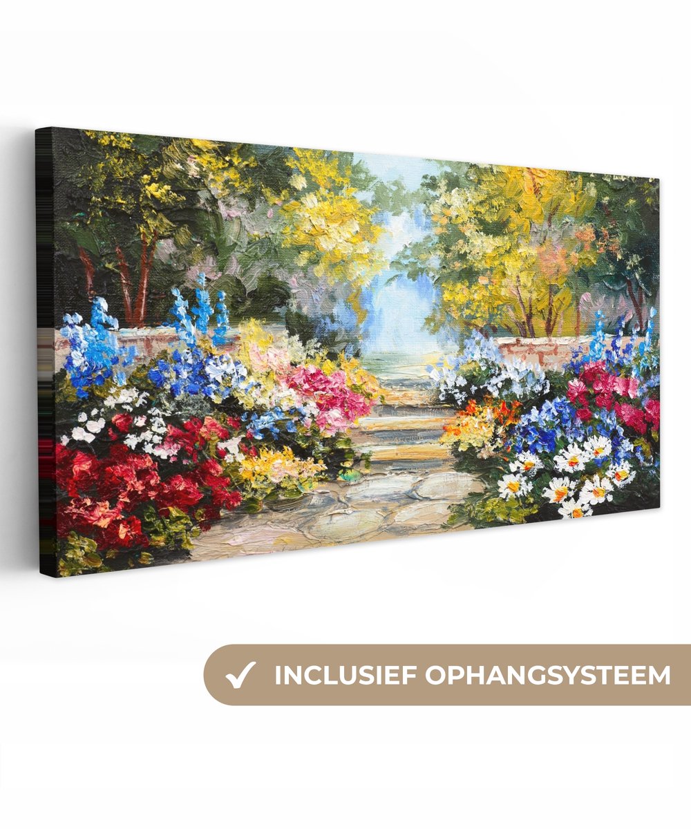Canvas schilderij - Bloemen - Pad - Bomen - Olieverf - Kunst - Schilderijen op canvas - Canvas doek - 40x20 cm - Slaapkamer - Muurdecoratie