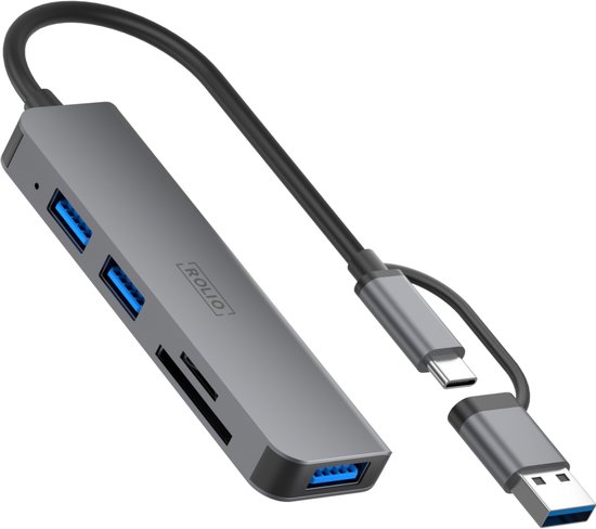 Hub USB-C gris multi-ports avec deux câbles de connexion : un USB-C et un USB-A.