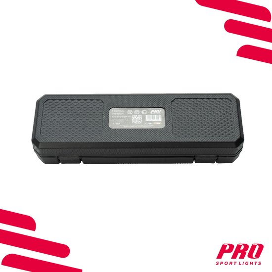 Boîtier noir fermé à motif losange, portant le logo 'PRO SPORT LIGHTS' et les spécifications.