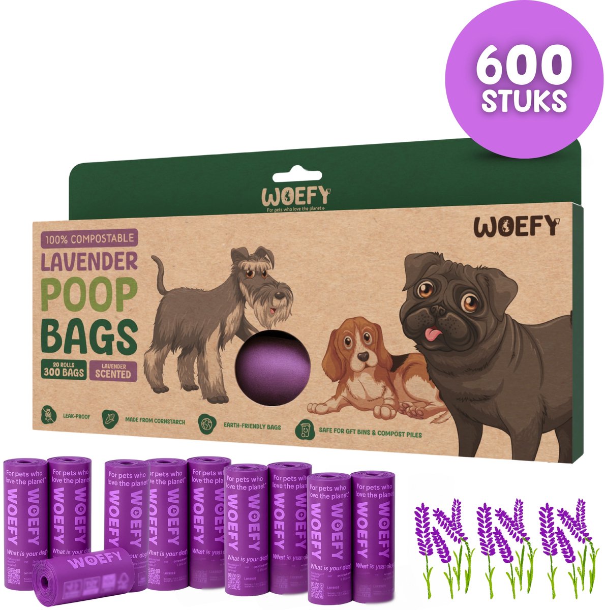 Woefy - Hondenpoepzakjes met Lavendel Geur - 600 stuks - 100% Biologisch Afbreekbaar - Hond - Paars