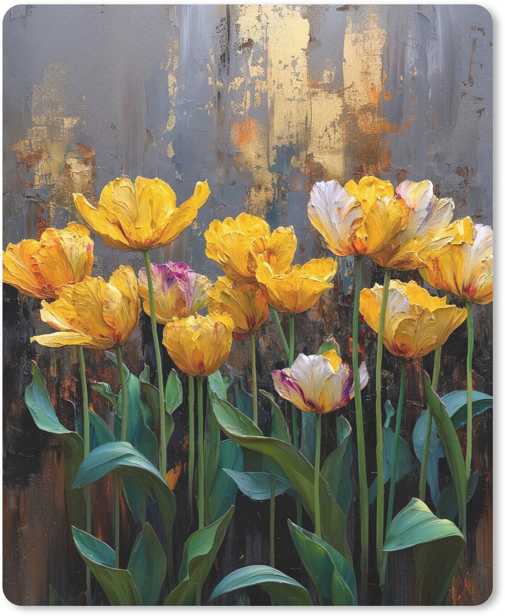 Muismat 19x23 cm - Mousepad Tulpen - Geel - Penseelstreken - Abstract - Muismatten