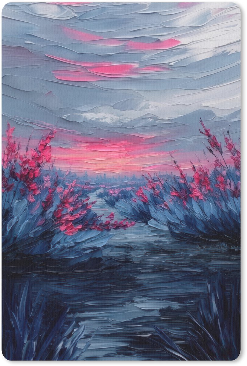 Muismat 18x27 cm - Mousepad Schilderij - Zonsondergang - Bloemen - Rivier - Muismatten