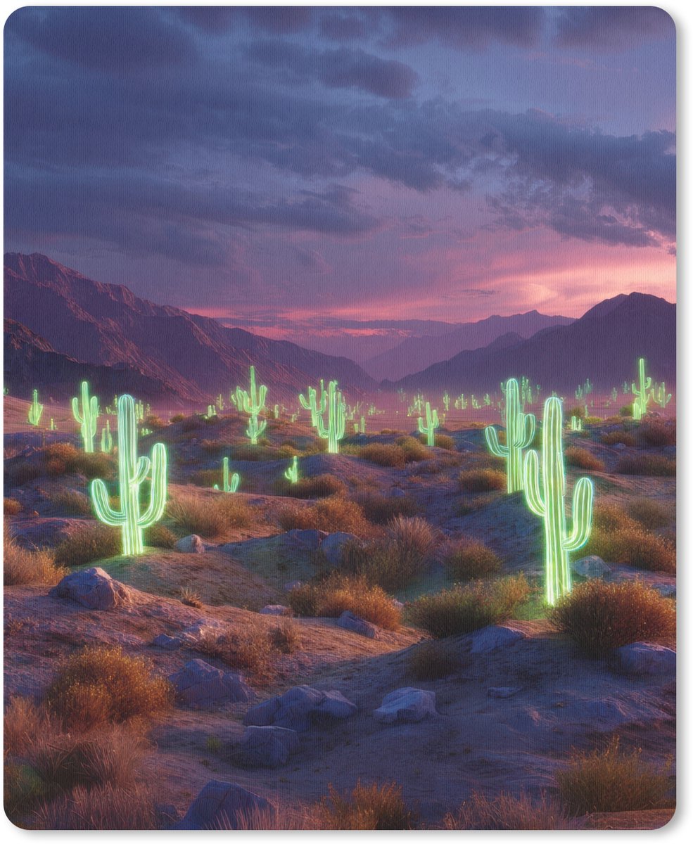 Muismat 19x23 cm - Mousepad Neon cactussen - Woestijn - Zonsondergang - Muismatten