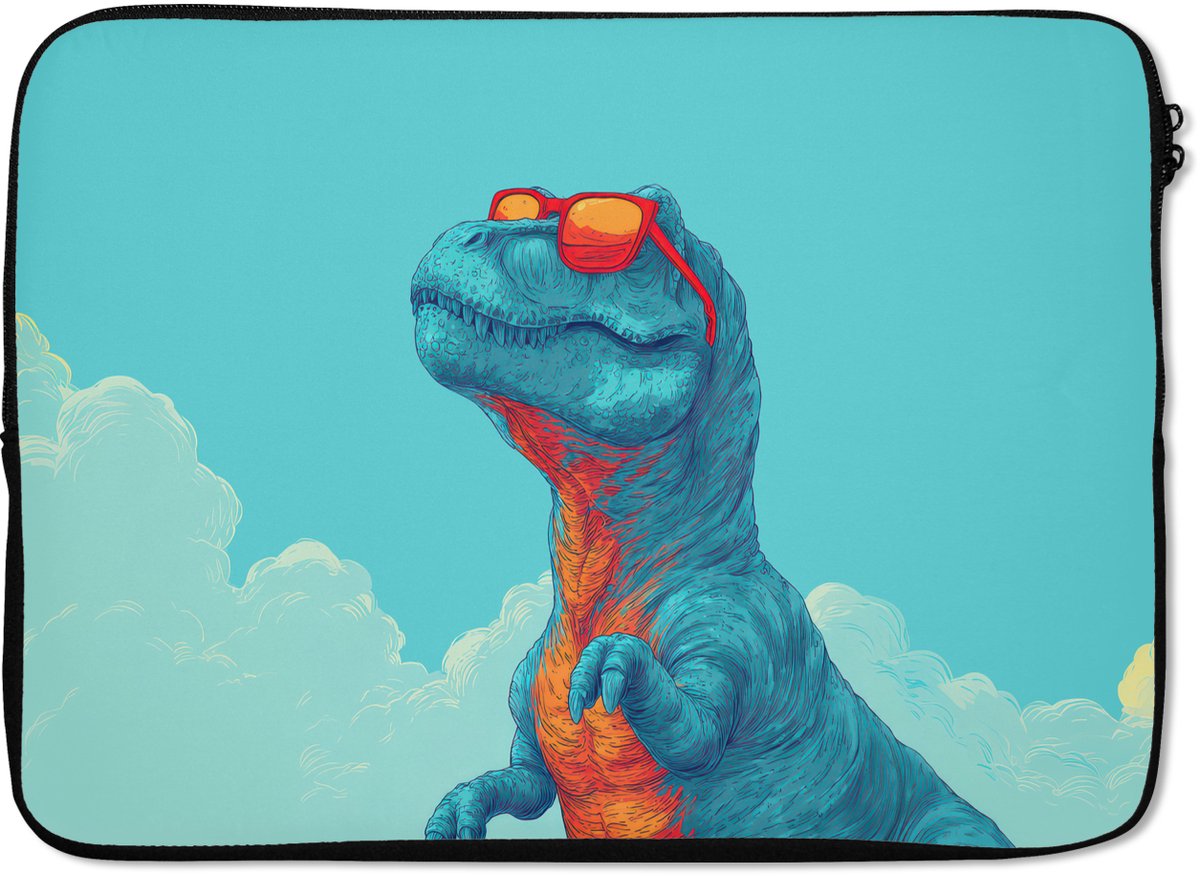 Laptophoes 14 inch - T-Rex - Blauw - Wolken - Zonnebril - Laptop sleeve - Binnenmaat 33x23 cm - Zwarte achterkant