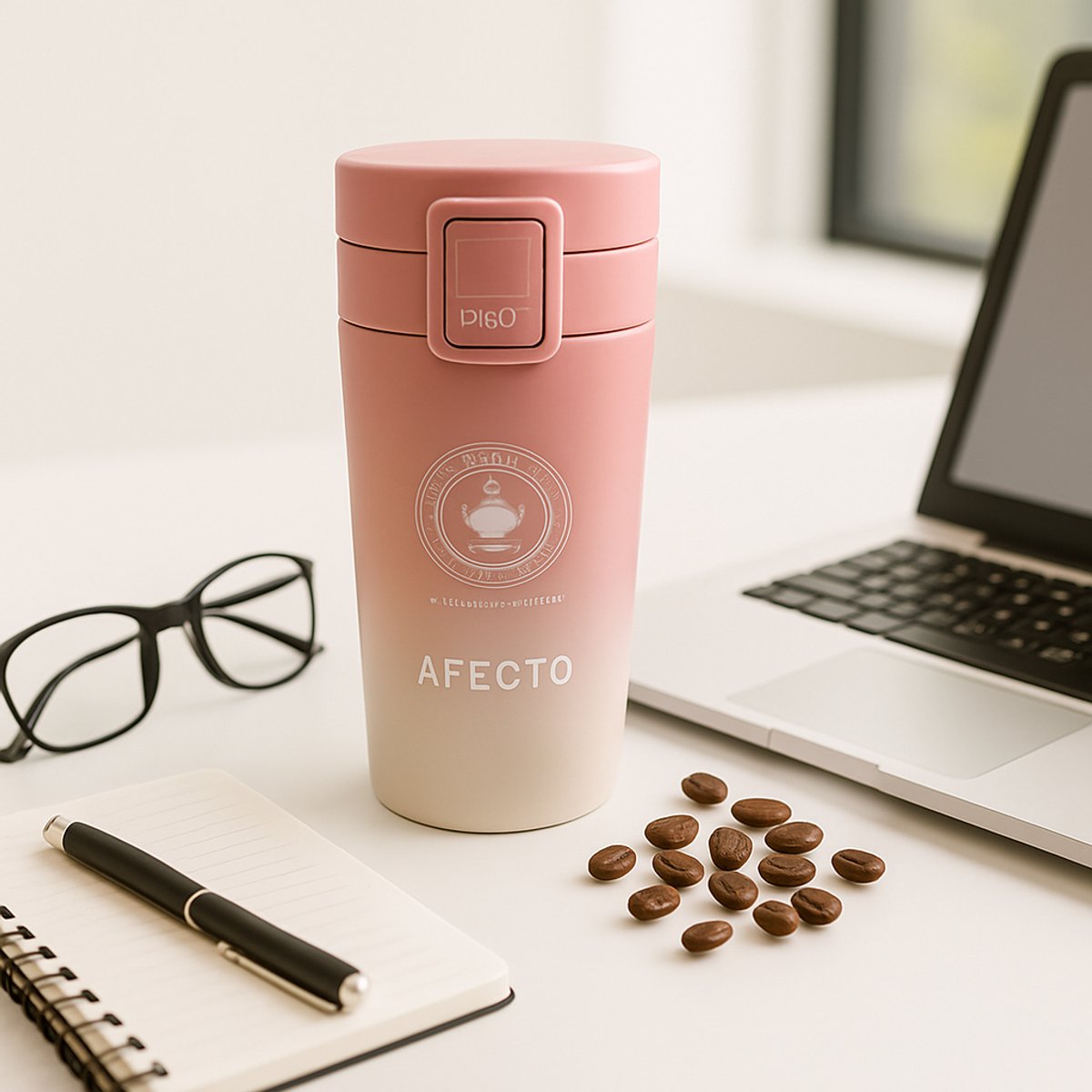 koffiebeker to go - coffee to go beker - roze/ wit - thermosbeker - 380ml - dubbelwandig - RVS
