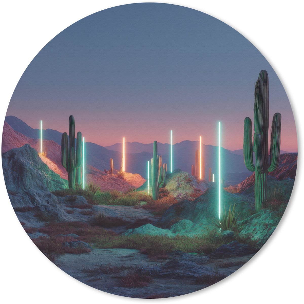 Muismat rond 50x50 cm - Mousepad Cactus - Lichtzuilen - Zonsondergang - Ronde muismatten