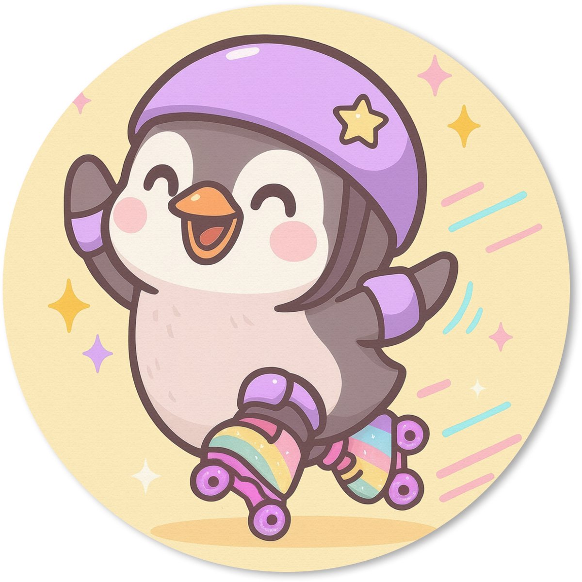 Muismat rond 30x30 cm - Mousepad Pinguïn - Rolschaatsen - Geel - Energiek - Ronde muismatten