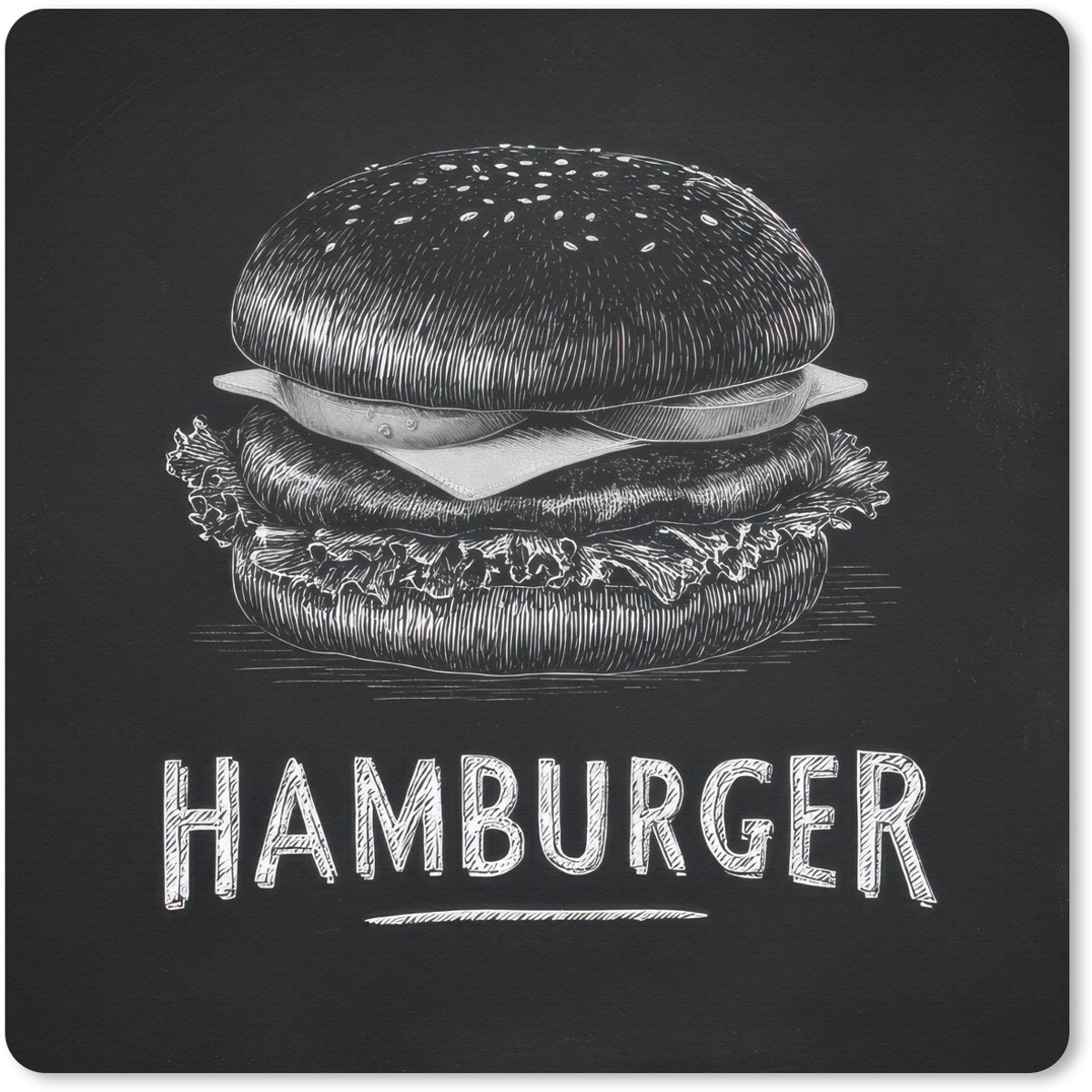Muismat 20x20 cm - Mousepad Hamburger - Krijttekst - Zwart - Wit - Muismatten